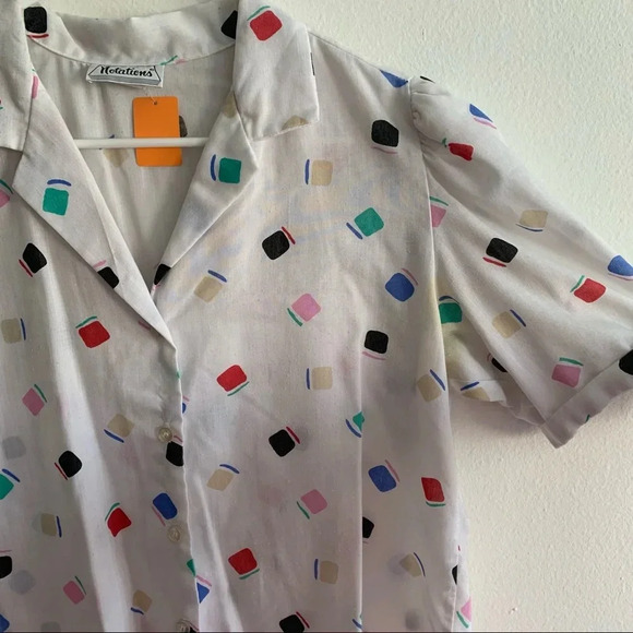 Vintage Notations Funky Print Puff Sleeve Button Down Short Sleeve Top Blouse - Picture 2 of 4